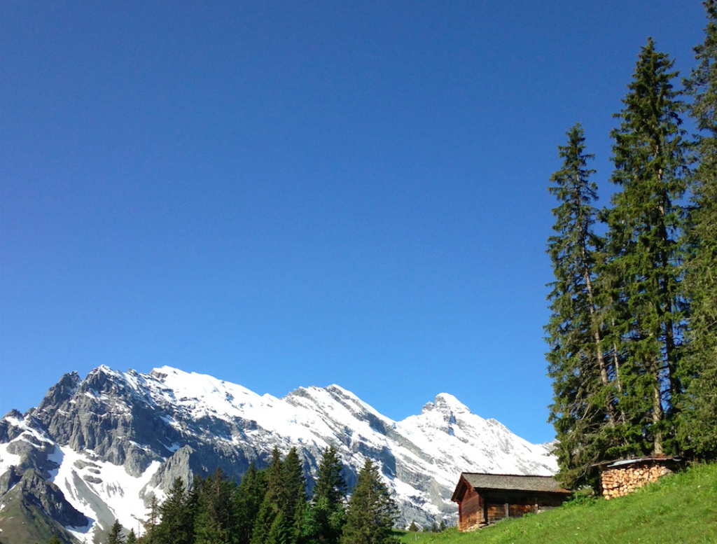blue skies above Murren, Switzerland, hiking in the Alps