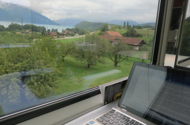 View out train window, approaching Interlaken, Switzerland