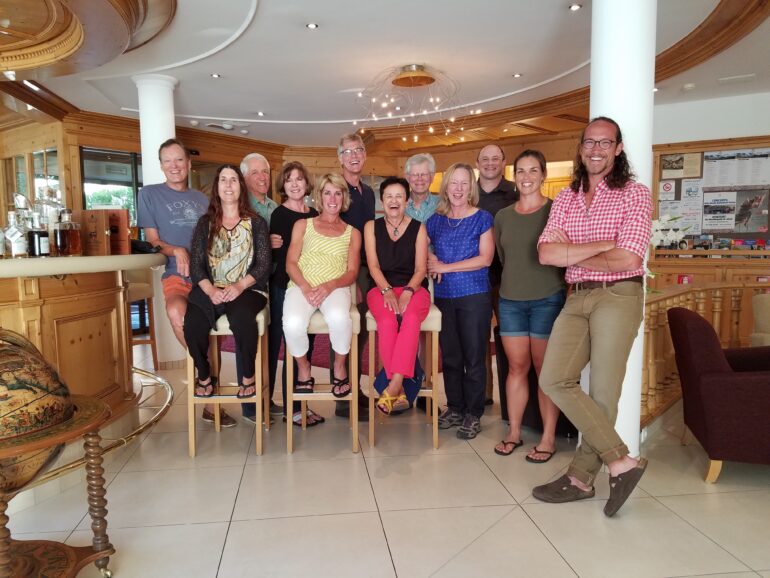 Alpinehikers Guided Classic Dolomites Traverse Tour group in Hotel Grones dining room