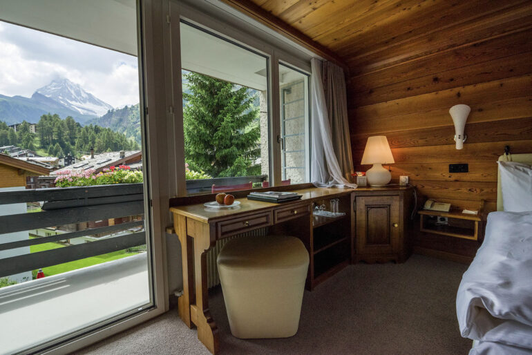 interior of guest room with Matterhorn view at Hotel Europe in Zermatt, Switzerland