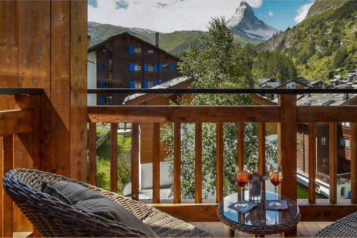 Matterhorn view from balcony of Hotel Europe in Zermatt, Switzerland