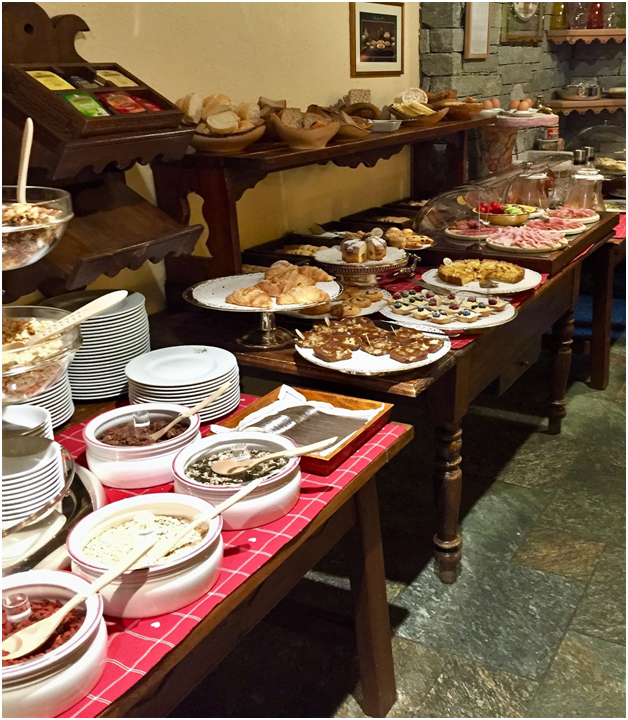 breakfast buffet of house made delicacies Hotel Bouton d'Or Courmayeur, Italian Alps